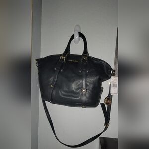 Michael Kors Bedford Black Leather Satchel with Gold Hardware
